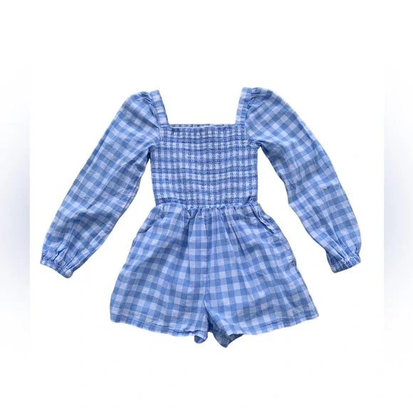 Janie and Jack Size 5 The Emma Gingham Smocked Romper Blue White Plaid One Piece - Picture 1 of 10